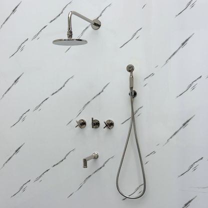 Polished Nickel Shower System with Adjustable Flat Round Rain Shower Head, Handheld Shower Head, Tub Filler and Cross Handles