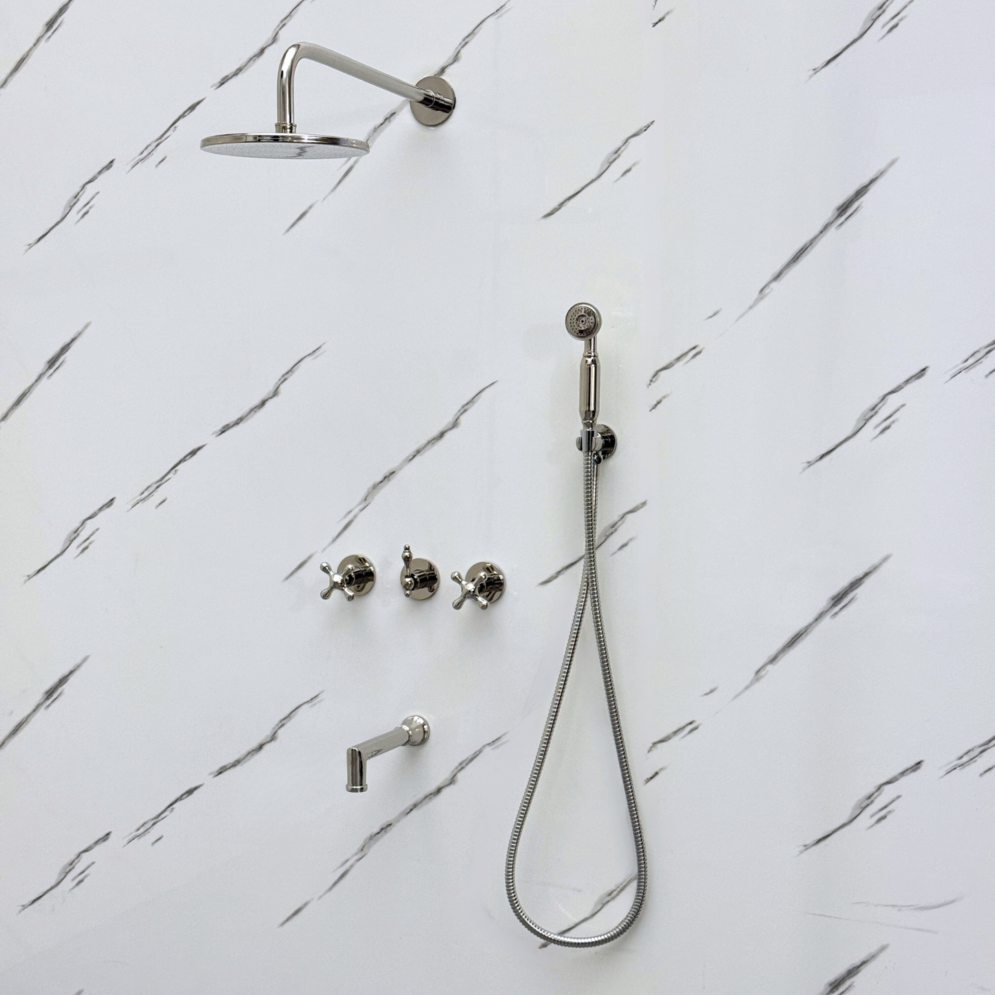 Polished Nickel Shower System with Adjustable Flat Round Rain Shower Head, Handheld Shower Head, Tub Filler and Cross Handles
