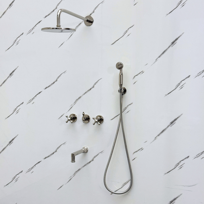 Polished Nickel Shower System with Adjustable Flat Round Rain Shower Head, Handheld Shower Head, Tub Filler and Cross Handles