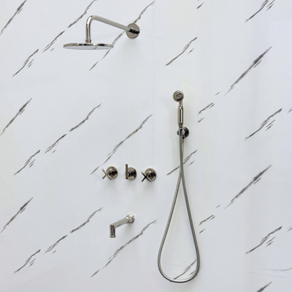 Polished Nickel Shower System with Adjustable Flat Round Rain Shower Head, Handheld Shower Head, Tub Filler and Cross Handles