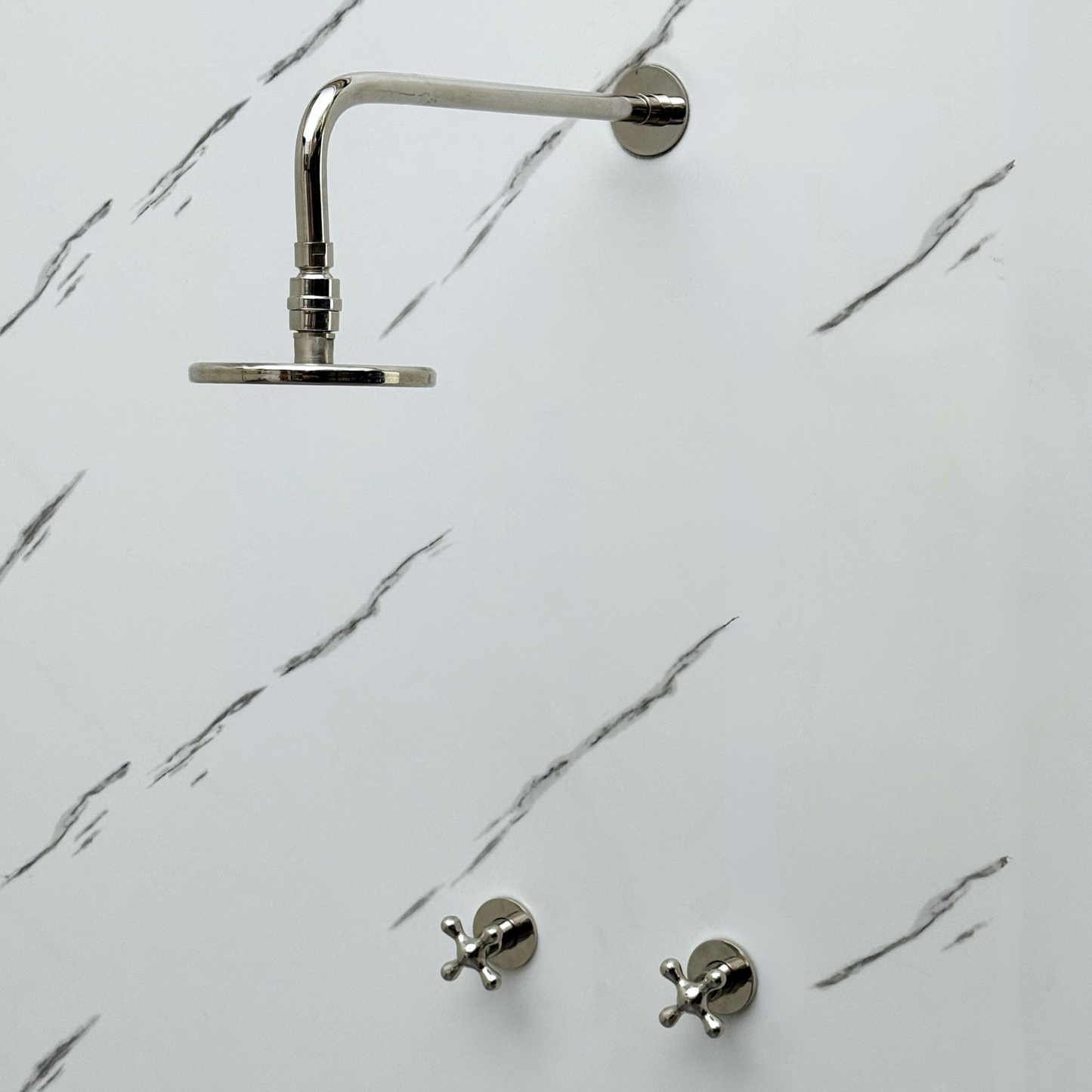 Polished Nickel Shower System with Adjustable Flat Round Rain Shower Head, Straight Arm and Cross Handles