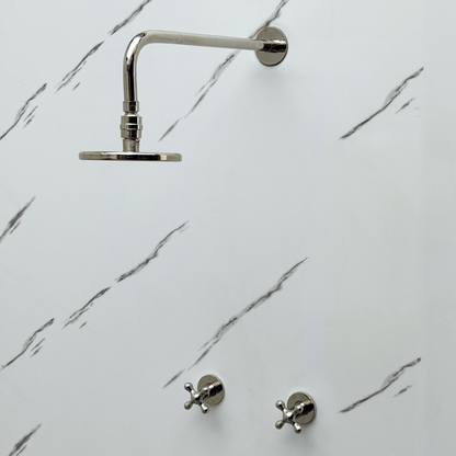Polished Nickel Shower System with Adjustable Flat Round Rain Shower Head, Straight Arm and Cross Handles