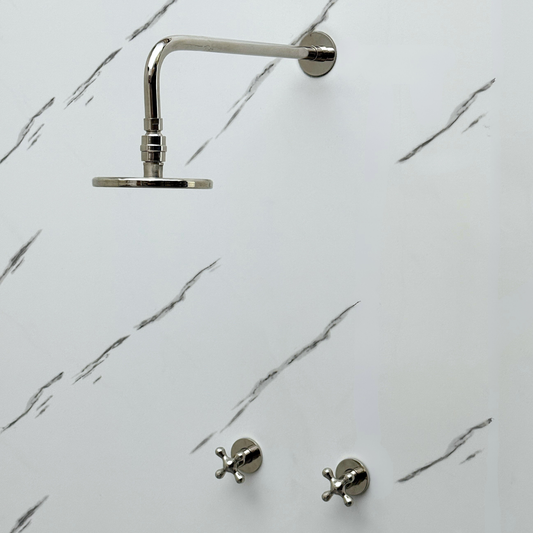 Polished Nickel Shower System with Adjustable Flat Round Rain Shower Head, Straight Arm and Cross Handles