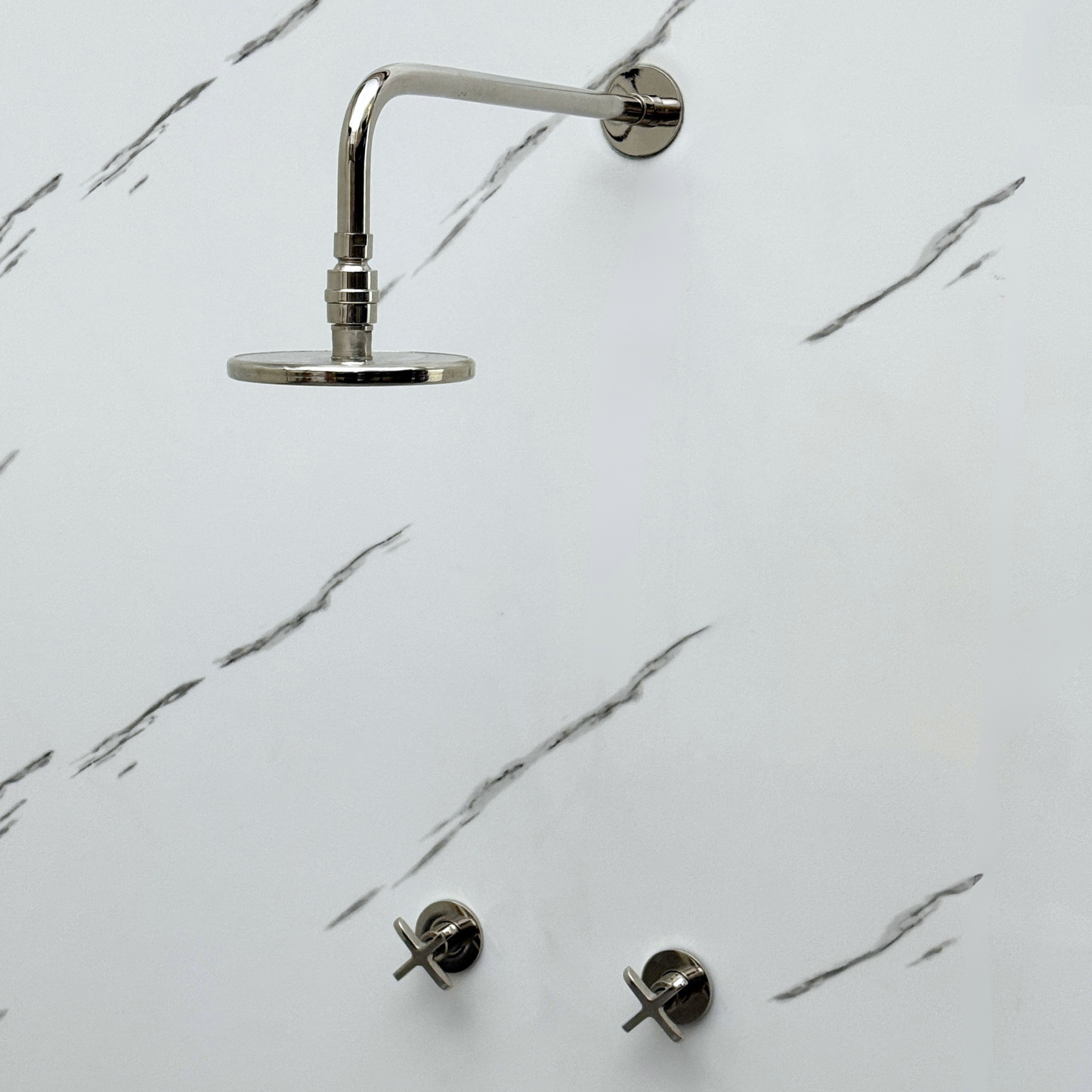 Polished Nickel Shower System with Adjustable Flat Round Rain Shower Head, Straight Arm and Cross Handles