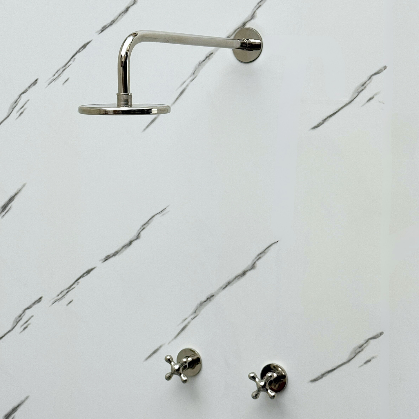Polished Nickel Shower System with Adjustable Flat Round Rain Shower Head, Straight Arm and Cross Handles