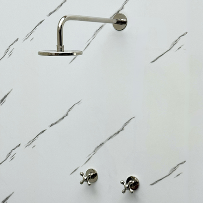 Polished Nickel Shower System with Adjustable Flat Round Rain Shower Head, Straight Arm and Cross Handles