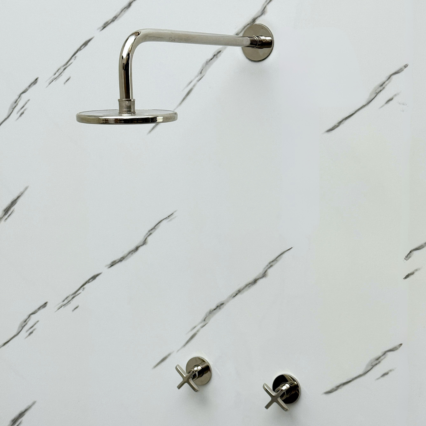 Polished Nickel Shower System with Adjustable Flat Round Rain Shower Head, Straight Arm and Cross Handles