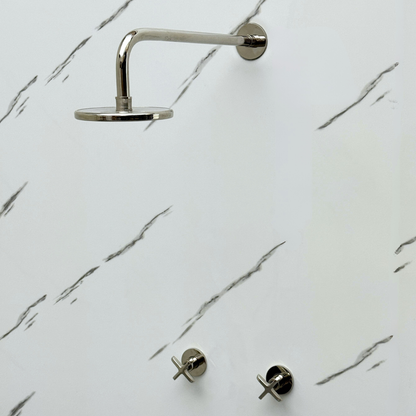 Polished Nickel Shower System with Adjustable Flat Round Rain Shower Head, Straight Arm and Cross Handles
