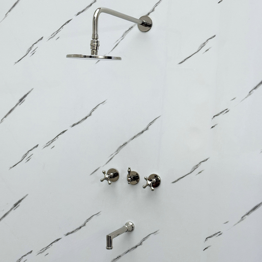 Polished Nickel Shower System with Adjustable Flat Round Rain Shower Head, Tub Filler and Cross Handles