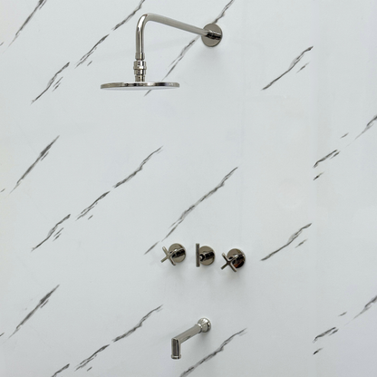Polished Nickel Shower System with Adjustable Flat Round Rain Shower Head, Tub Filler and Cross Handles