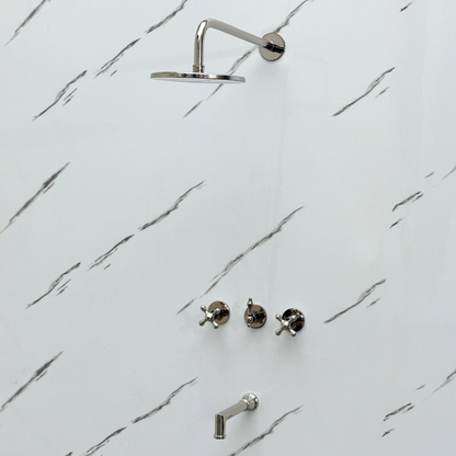 Polished Nickel Shower System with Adjustable Flat Round Rain Shower Head, Tub Filler and Cross Handles