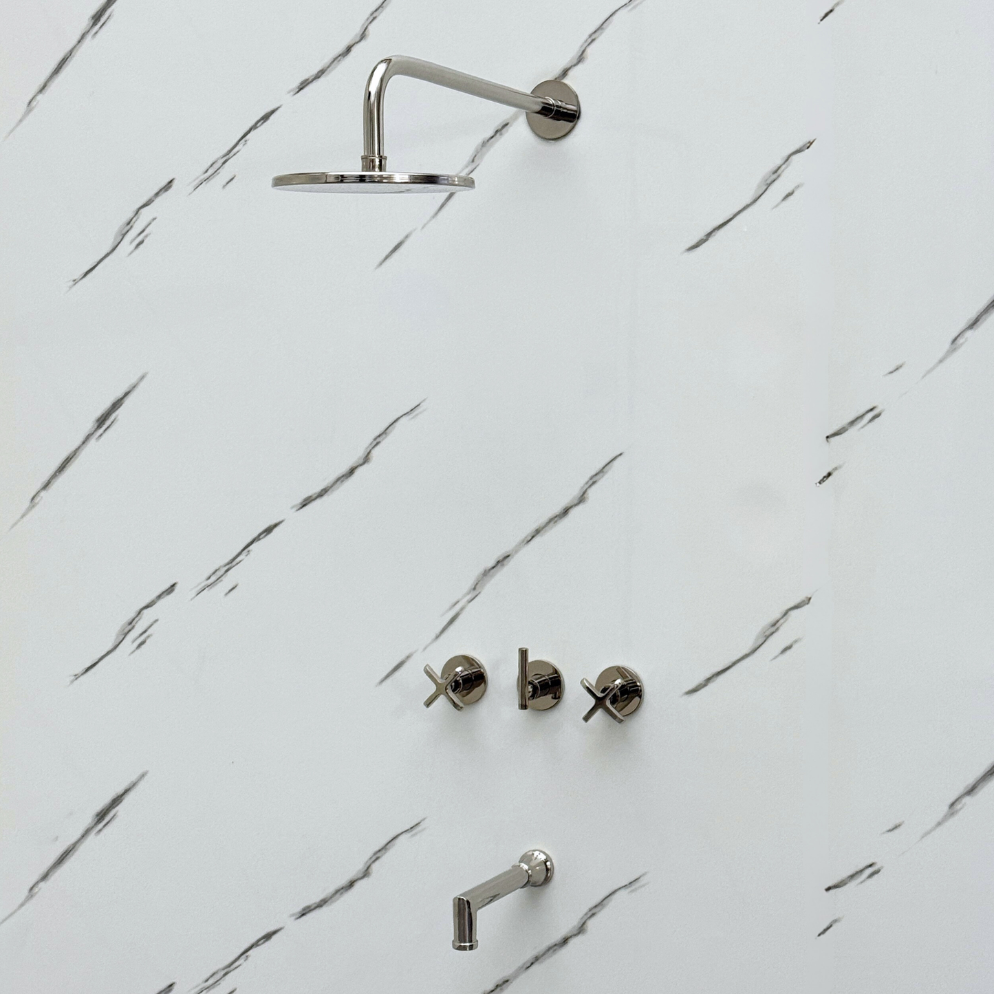 Polished Nickel Shower System with Adjustable Flat Round Rain Shower Head, Tub Filler and Cross Handles