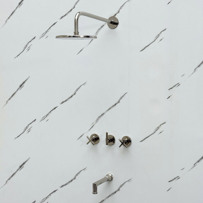 Polished Nickel Shower System with Adjustable Flat Round Rain Shower Head, Tub Filler and Cross Handles