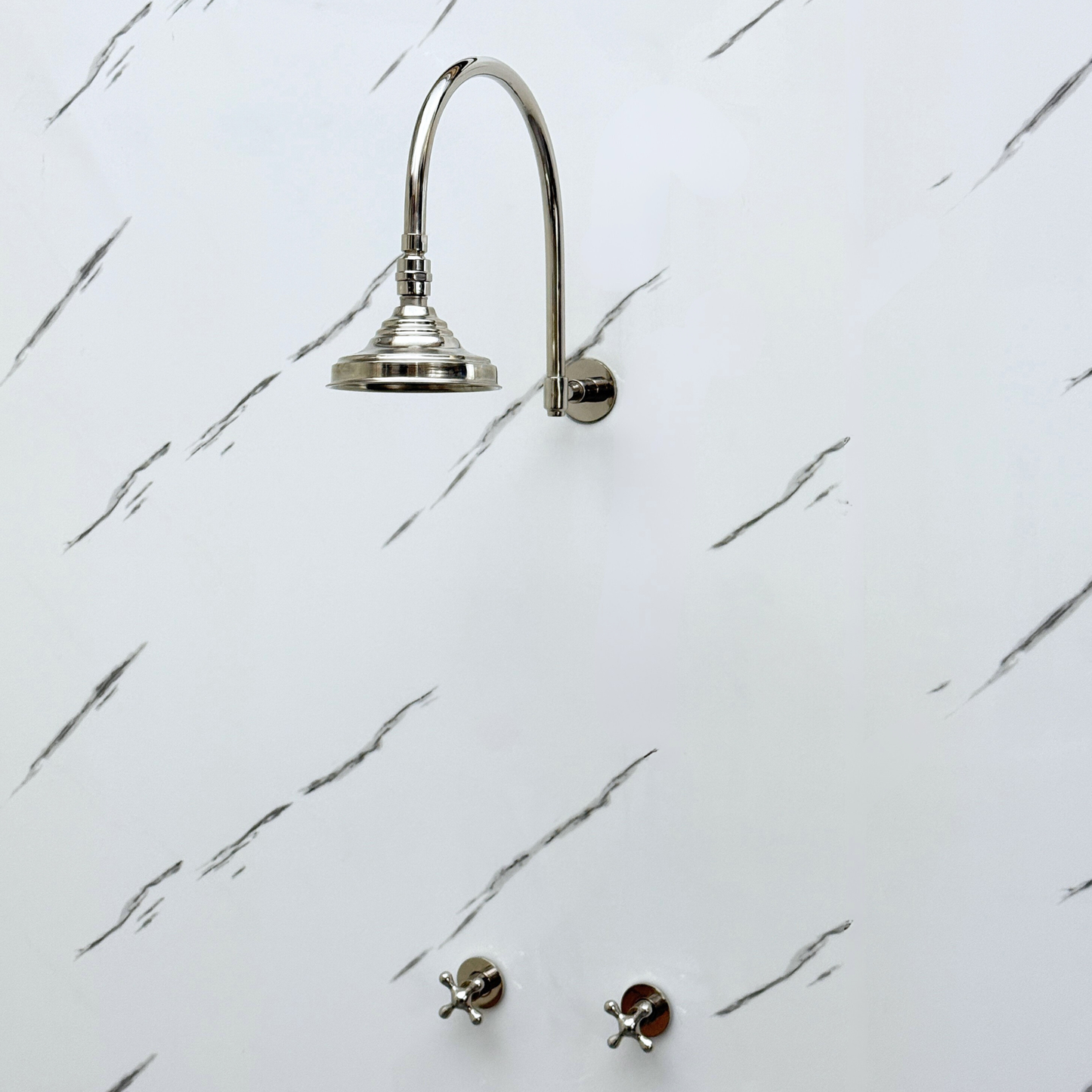 Polished Nickel Shower System with Adjustable Round Rain Shower Head, Arcuate Arm and Cross Handles