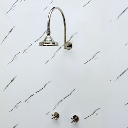 Polished Nickel Shower System with Adjustable Round Rain Shower Head, Arcuate Arm and Cross Handles