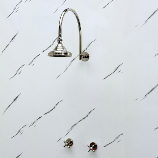 Polished Nickel Shower System with Adjustable Round Rain Shower Head, Arcuate Arm and Cross Handles