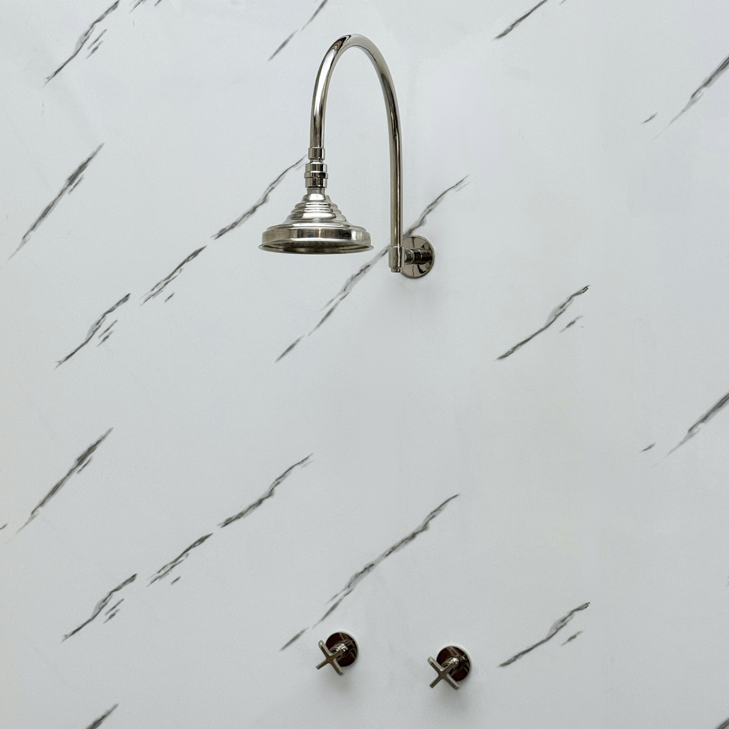 Polished Nickel Shower System with Adjustable Round Rain Shower Head, Arcuate Arm and Cross Handles
