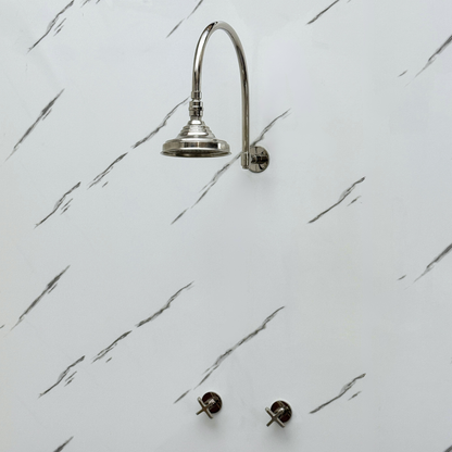 Polished Nickel Shower System with Adjustable Round Rain Shower Head, Arcuate Arm and Cross Handles
