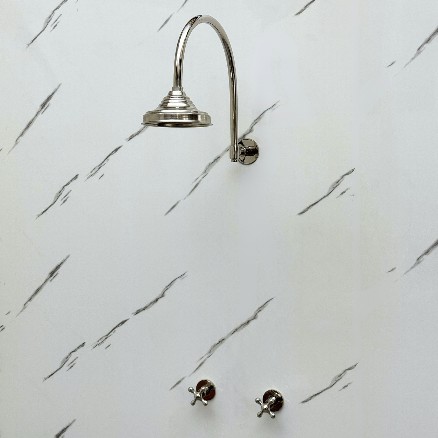 Polished Nickel Shower System with Adjustable Round Rain Shower Head, Arcuate Arm and Cross Handles