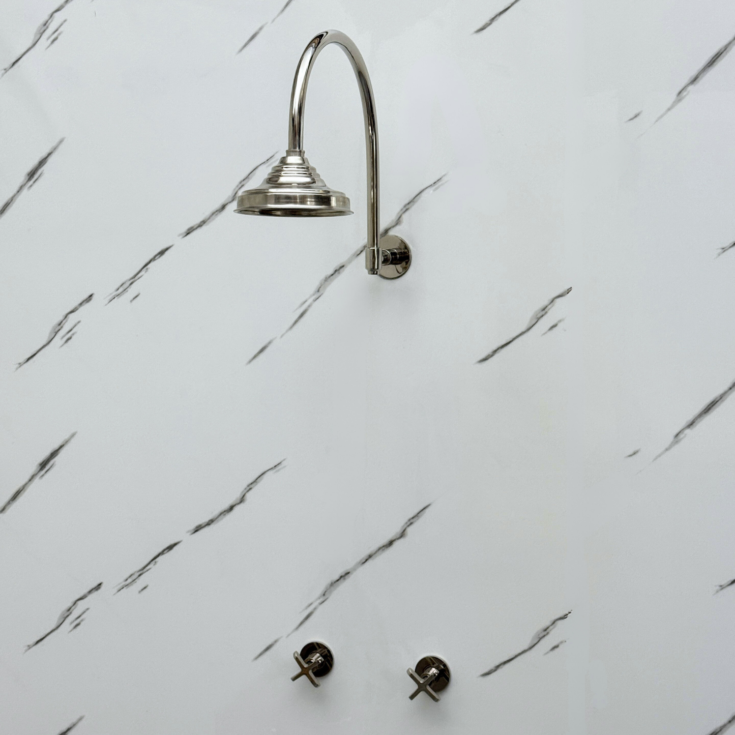 Polished Nickel Shower System with Adjustable Round Rain Shower Head, Arcuate Arm and Cross Handles