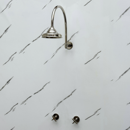 Polished Nickel Shower System with Adjustable Round Rain Shower Head, Arcuate Arm and Cross Handles