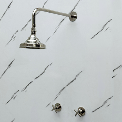 Polished Nickel Shower System with Adjustable Round Rain Shower Head, Cross Handles and Straight Arm