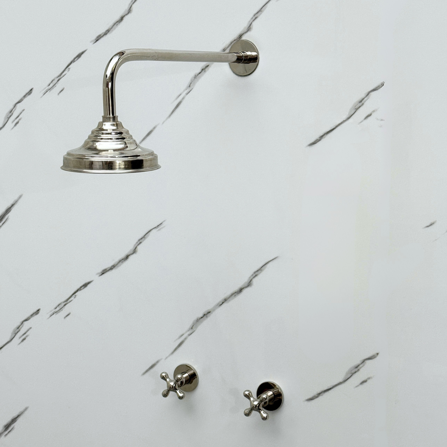 Polished Nickel Shower System with Adjustable Round Rain Shower Head, Cross Handles and Straight Arm