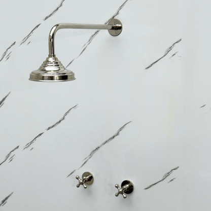 Polished Nickel Shower System with Adjustable Round Rain Shower Head, Cross Handles and Straight Arm
