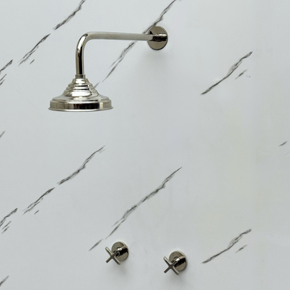 Polished Nickel Shower System with Adjustable Round Rain Shower Head, Cross Handles and Straight Arm