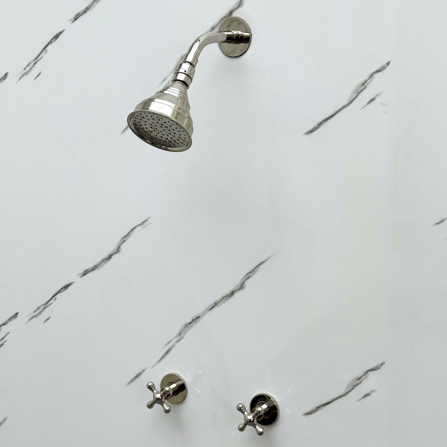 Polished Nickel Shower System with Adjustable Round Rain Shower Head, Short Arm and Cross Handles
