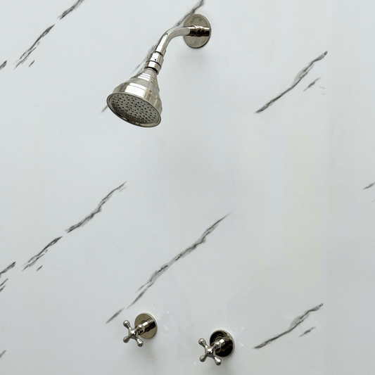 Polished Nickel Shower System with Adjustable Round Rain Shower Head, Short Arm and Cross Handles