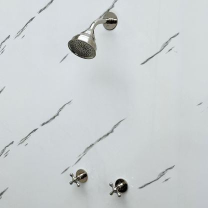 Polished Nickel Shower System with Adjustable Round Rain Shower Head, Short Arm and Cross Handles