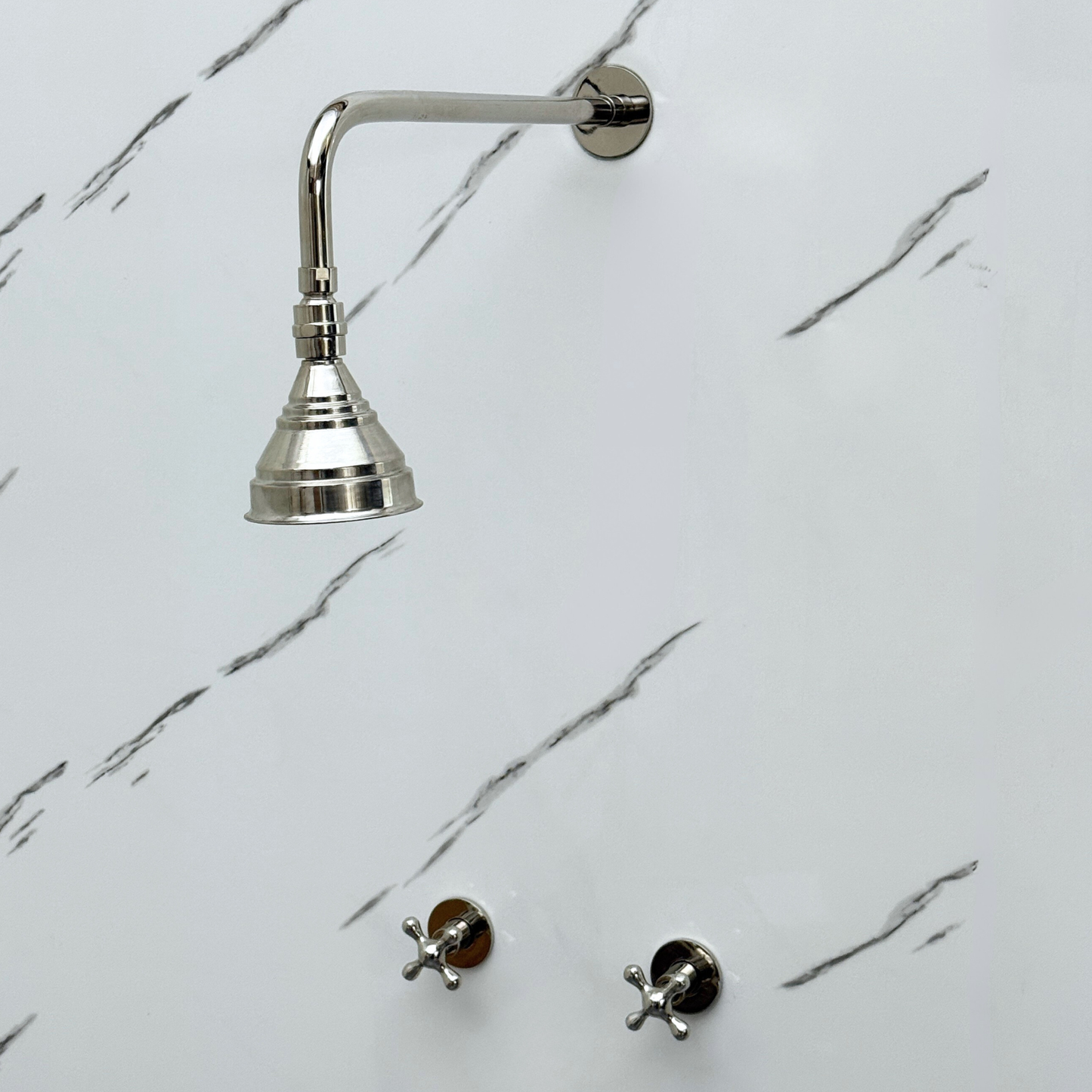 Polished Nickel Shower System with Adjustable Round Rain Shower Head, Straight Arm and Cross Handles
