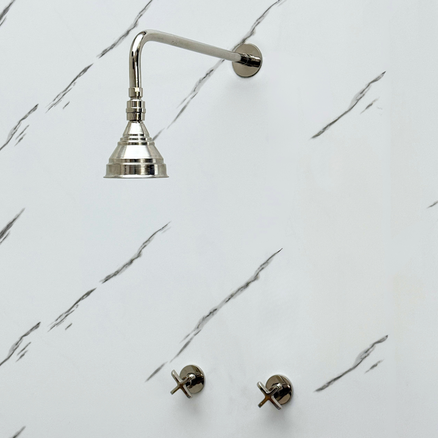 Polished Nickel Shower System with Adjustable Round Rain Shower Head, Straight Arm and Cross Handles
