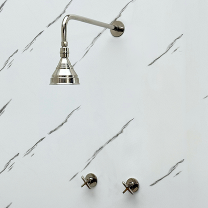 Polished Nickel Shower System with Adjustable Round Rain Shower Head, Straight Arm and Cross Handles