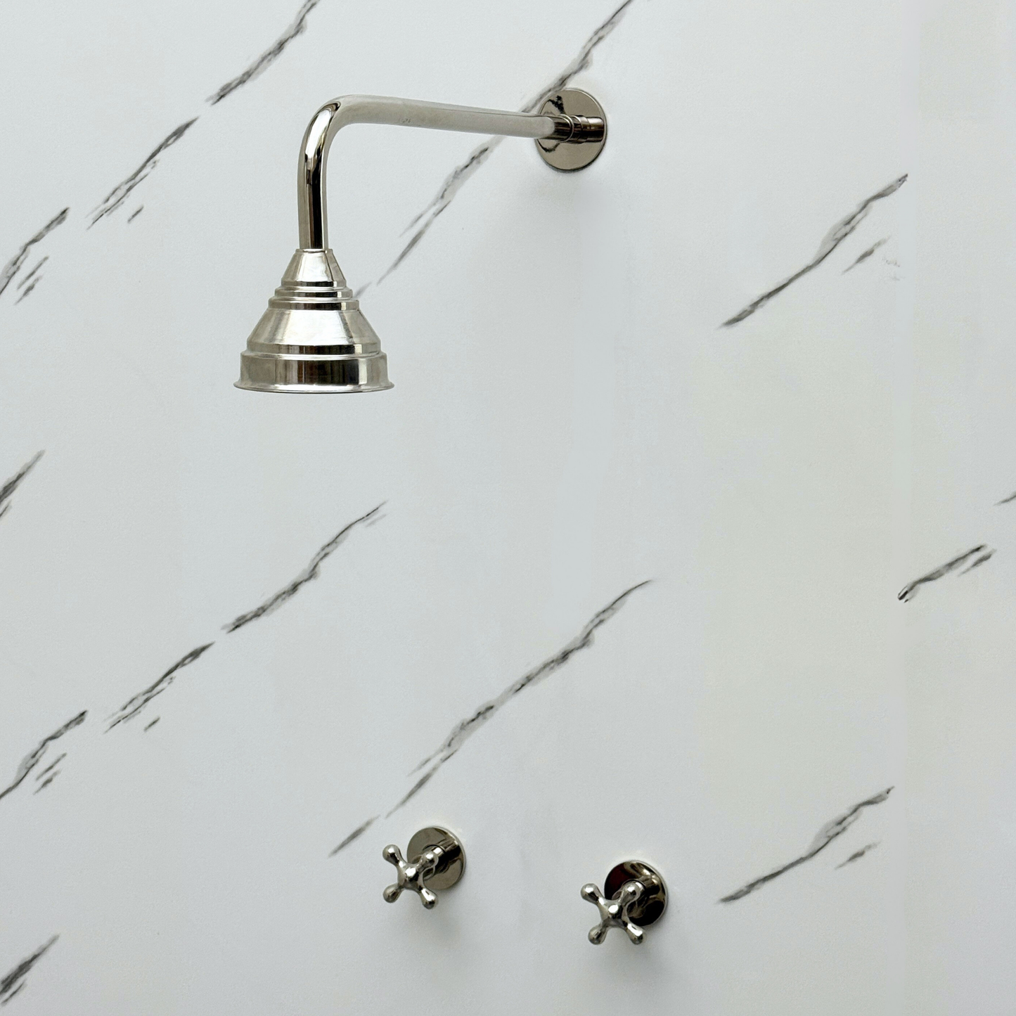 Polished Nickel Shower System with Adjustable Round Rain Shower Head, Straight Arm and Cross Handles
