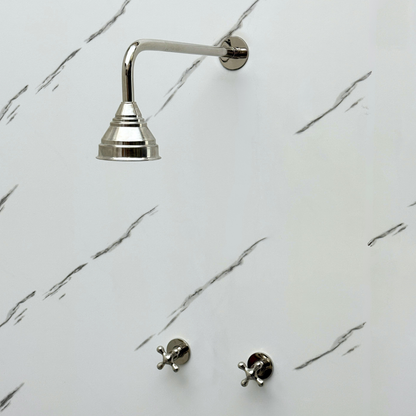 Polished Nickel Shower System with Adjustable Round Rain Shower Head, Straight Arm and Cross Handles