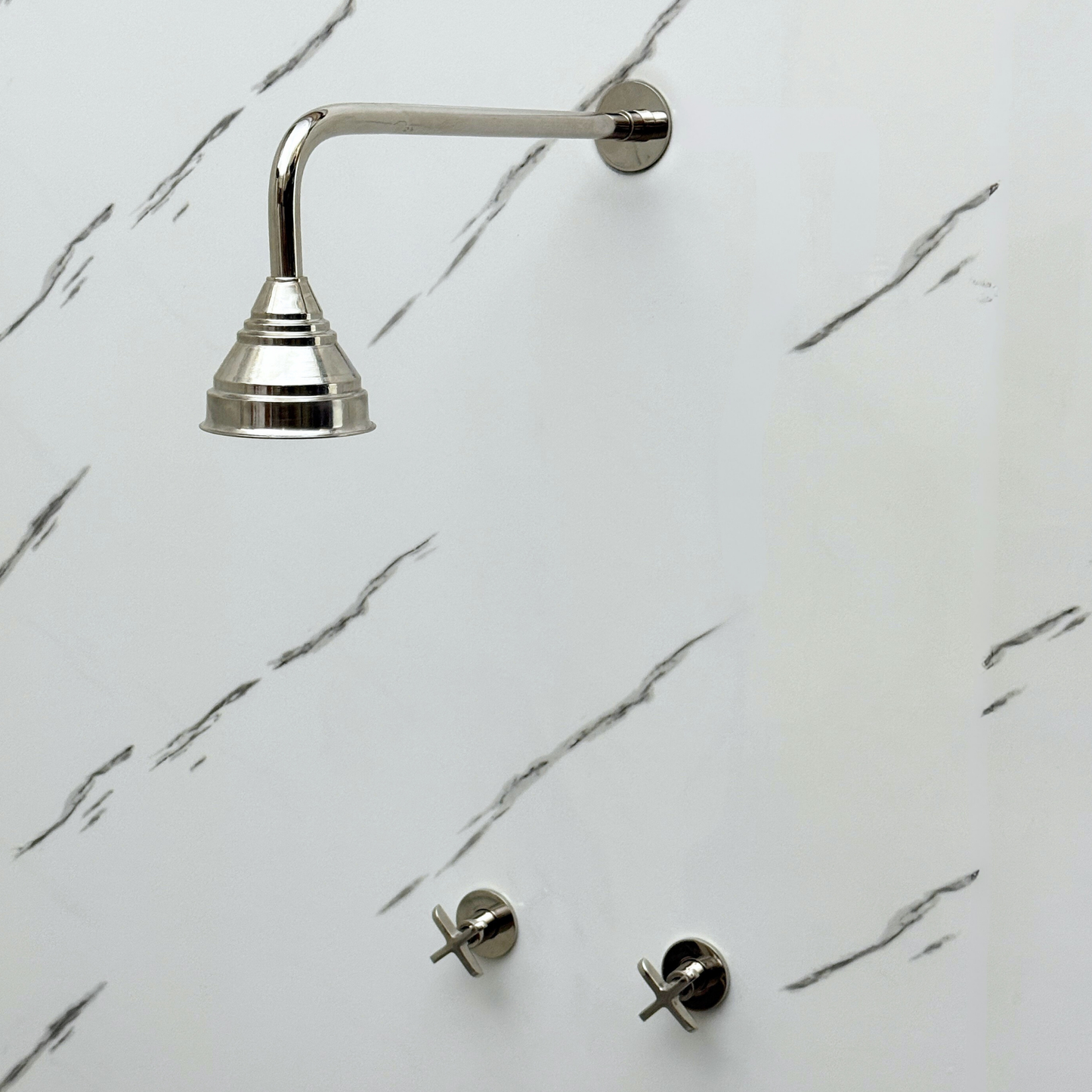 Polished Nickel Shower System with Adjustable Round Rain Shower Head, Straight Arm and Cross Handles