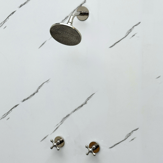 Polished Nickel Shower System with Flat Round Rain Adjustable Shower Head, Short Arm and Cross Handles