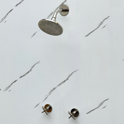Polished Nickel Shower System with Flat Round Rain Adjustable Shower Head, Short Arm and Cross Handles