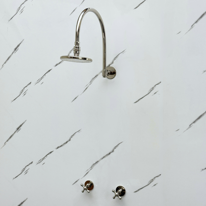 Polished Nickel Shower System with Flat Round Rain Shower Head, Arcuate Arm and Cross Handles