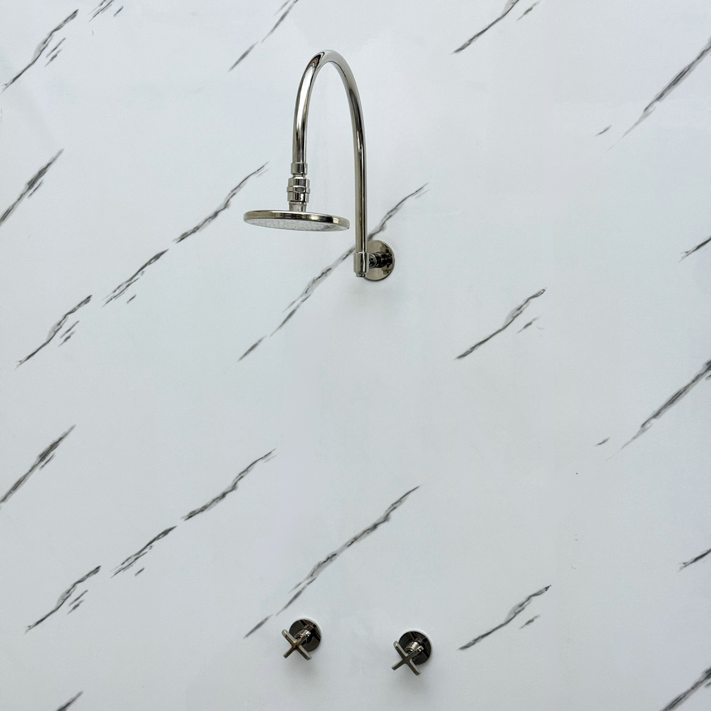Polished Nickel Shower System with Flat Round Rain Shower Head, Arcuate Arm and Cross Handles