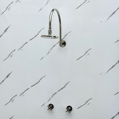 Polished Nickel Shower System with Flat Round Rain Shower Head, Arcuate Arm and Cross Handles