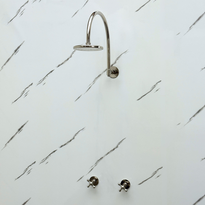 Polished Nickel Shower System with Flat Round Rain Shower Head, Arcuate Arm and Cross Handles