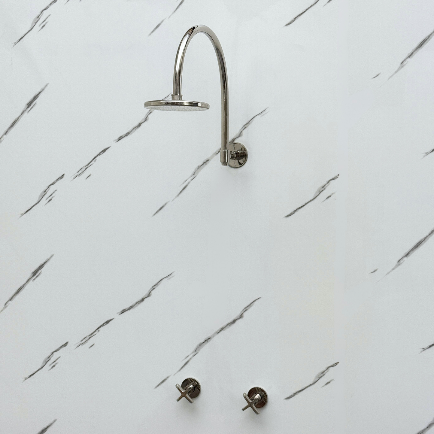 Polished Nickel Shower System with Flat Round Rain Shower Head, Arcuate Arm and Cross Handles