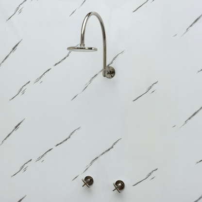 Polished Nickel Shower System with Flat Round Rain Shower Head, Arcuate Arm and Cross Handles