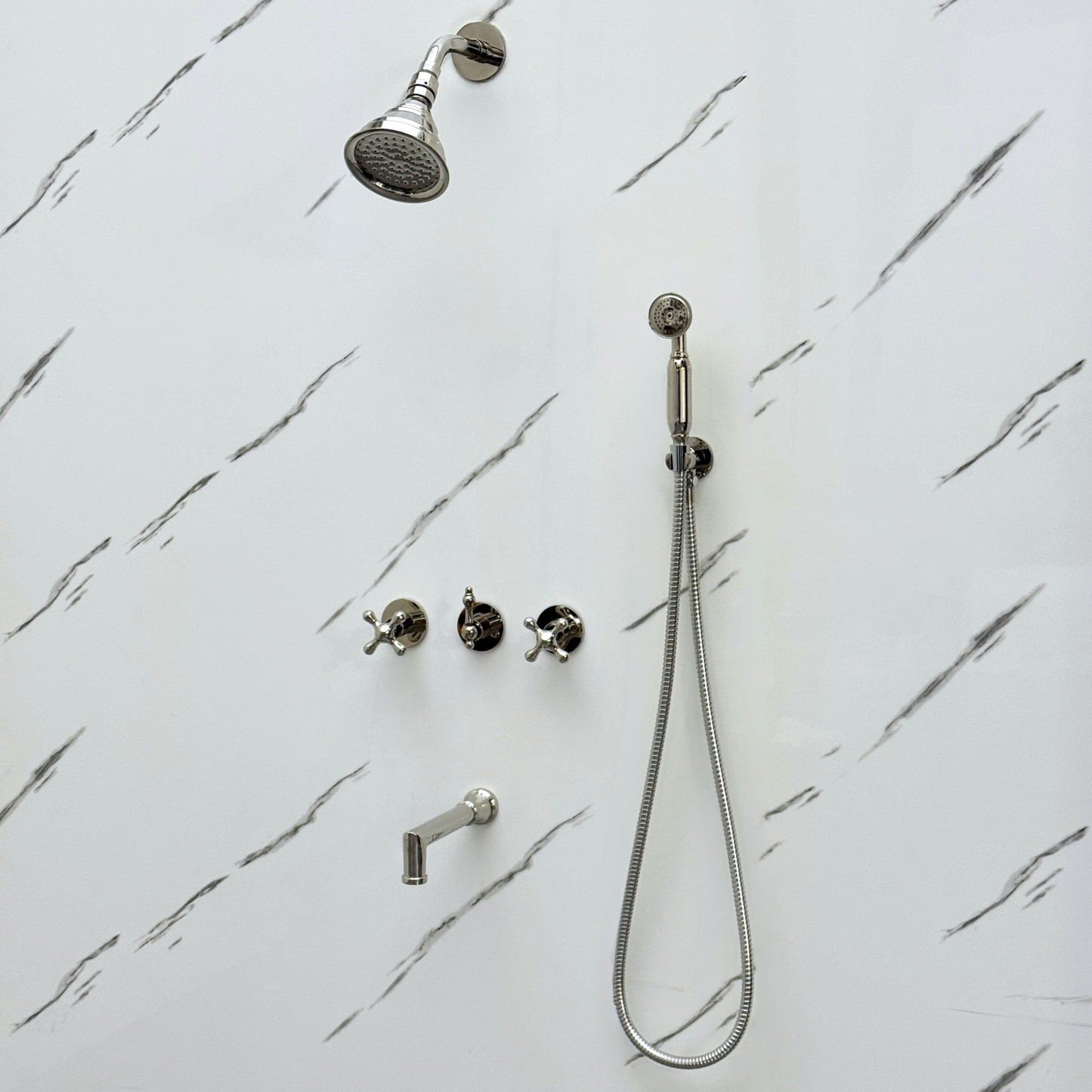 Polished Nickel Shower System with Round Rain Adjustable Shower Head, Handheld Shower Head, Tub Filler and Cross Handles