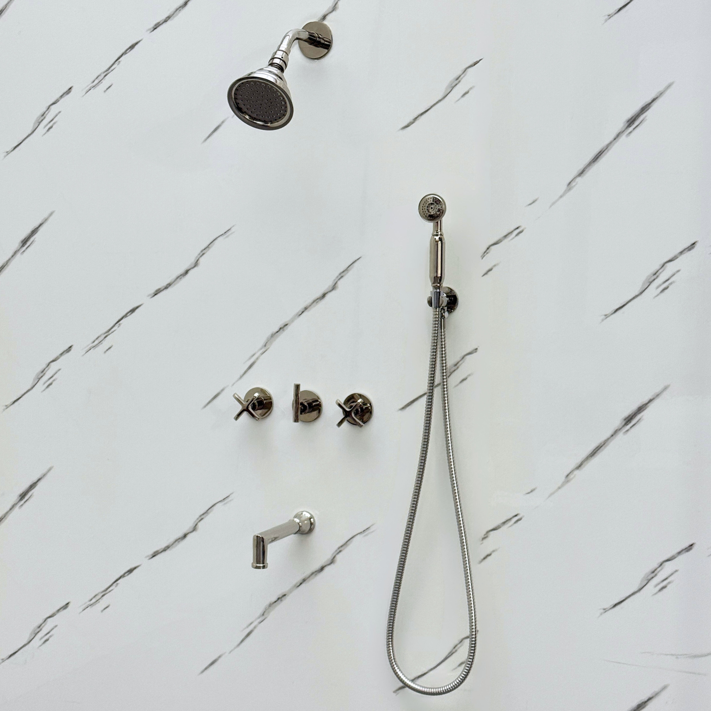 Polished Nickel Shower System with Round Rain Adjustable Shower Head, Handheld Shower Head, Tub Filler and Cross Handles