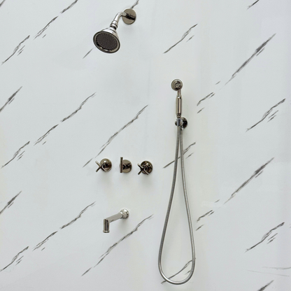 Polished Nickel Shower System with Round Rain Adjustable Shower Head, Handheld Shower Head, Tub Filler and Cross Handles