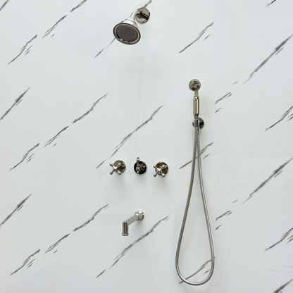 Polished Nickel Shower System with Round Rain Adjustable Shower Head, Handheld Shower Head, Tub Filler and Cross Handles